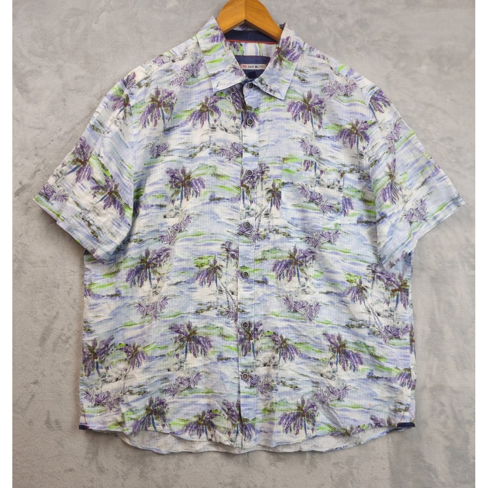 32 Bar Blues Linen Blend Button Up Shirt Mens XL  Blue Purple Tropical Palm Camp